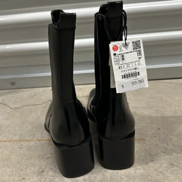 BNWT Zara black patent block heel pull on boots Sz 41 - Picture 4 of 6